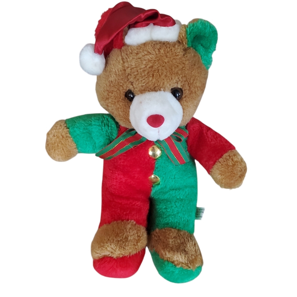 Vintage Christmas 13" Bear‎ Red and Green Stuffed Animal Plush